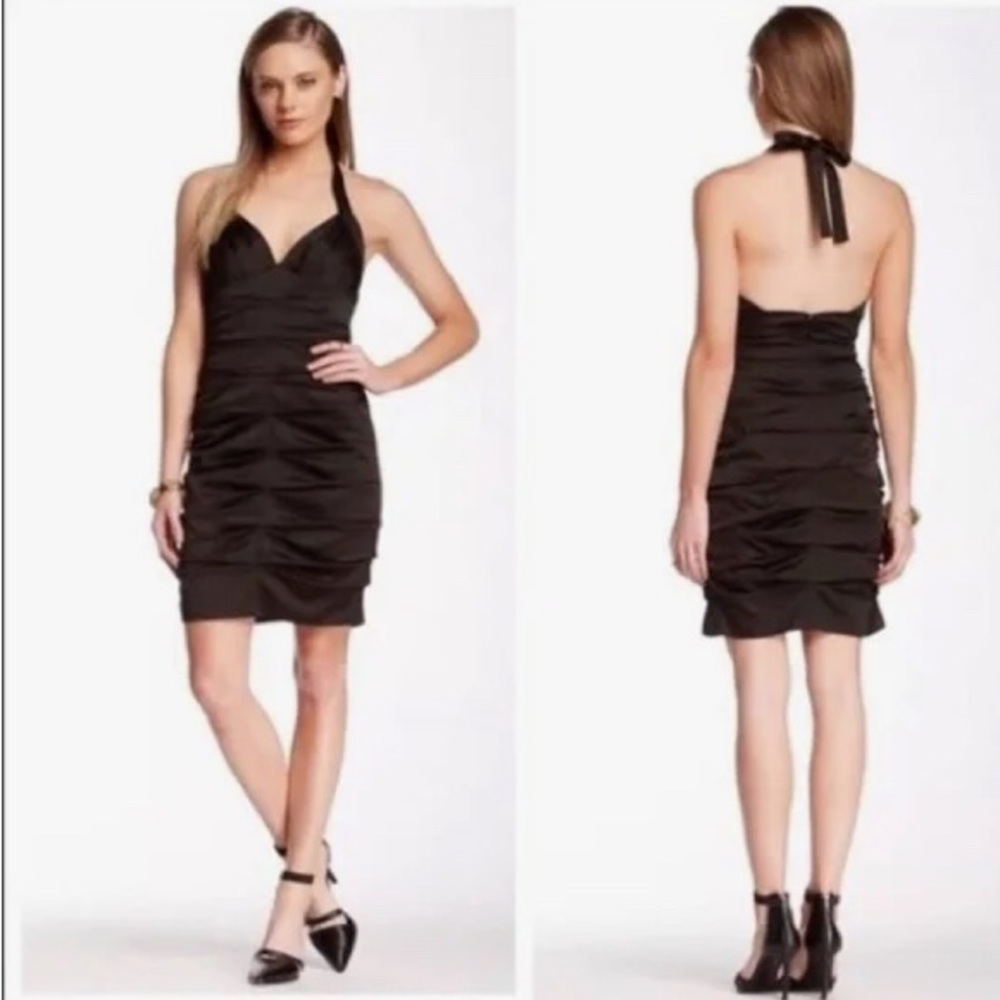 BCBGMAXAZRIA Black Satin Ruched Halter Dress
